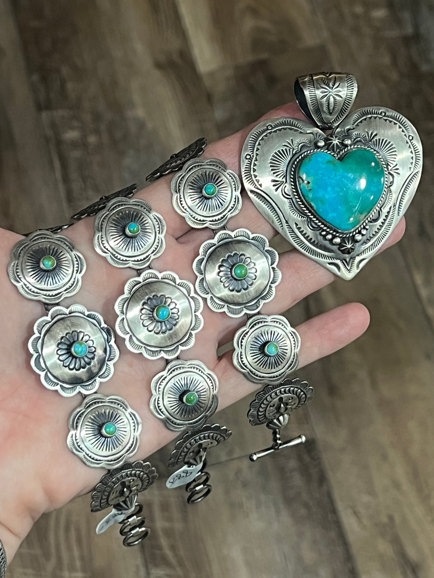 Raymond Coriz Sterling Concho Link Bracelets with Sonoran Mountain Turquoise