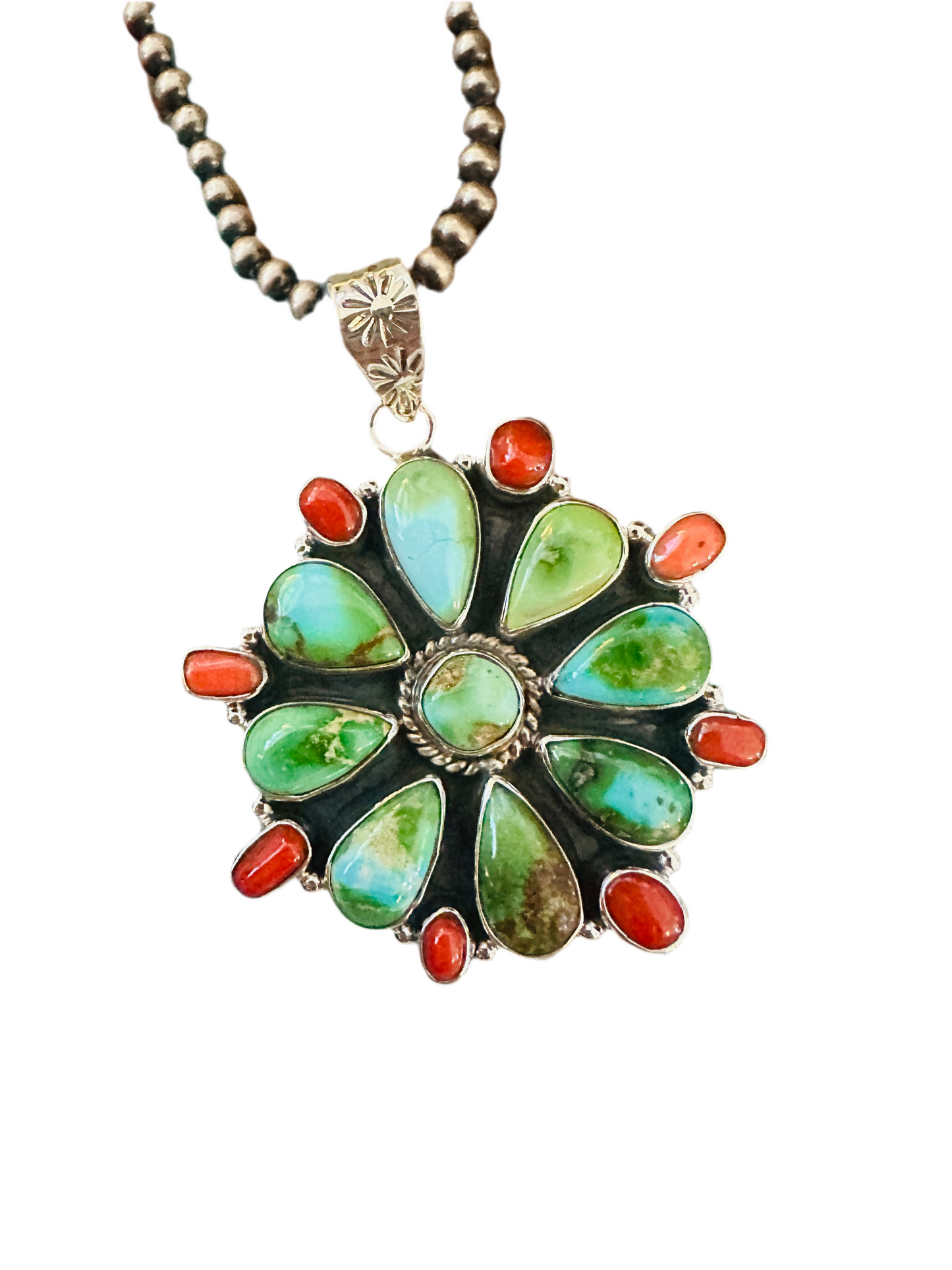 ** Christmas Collection ** Handmade Sterling Silver, Turquoise & Coral Pendant Signed Nizhoni