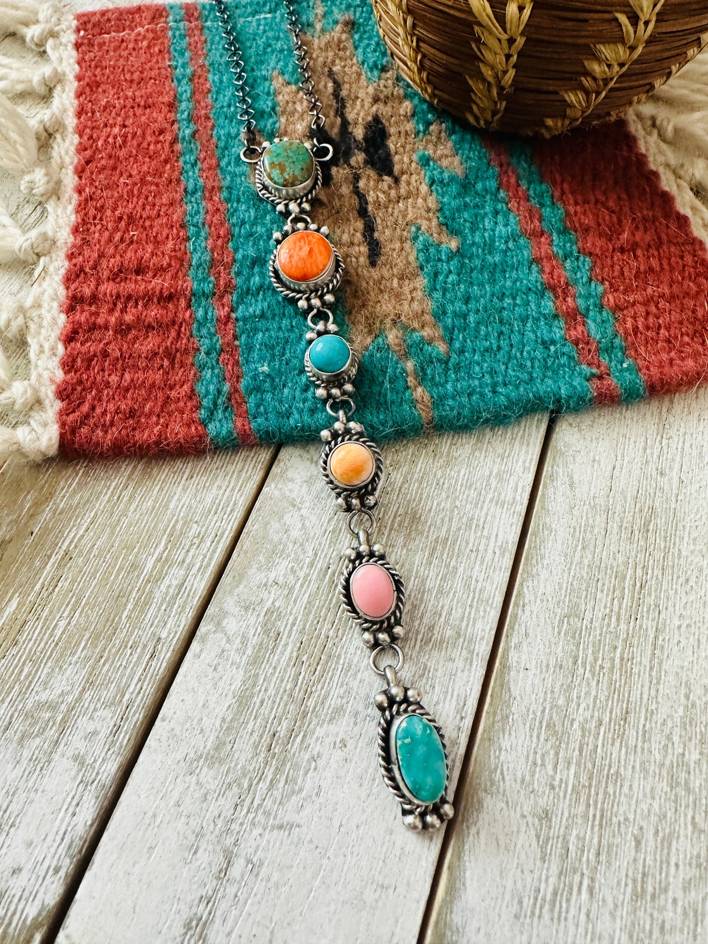 Handcrafted Sterling Silver & Multi Stone Lariat Necklace