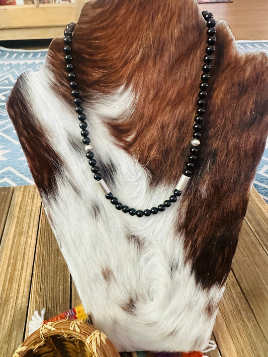 Handcrafted Black Onyx & Sterling Silver Beaded 18” Necklace by T & R Singer