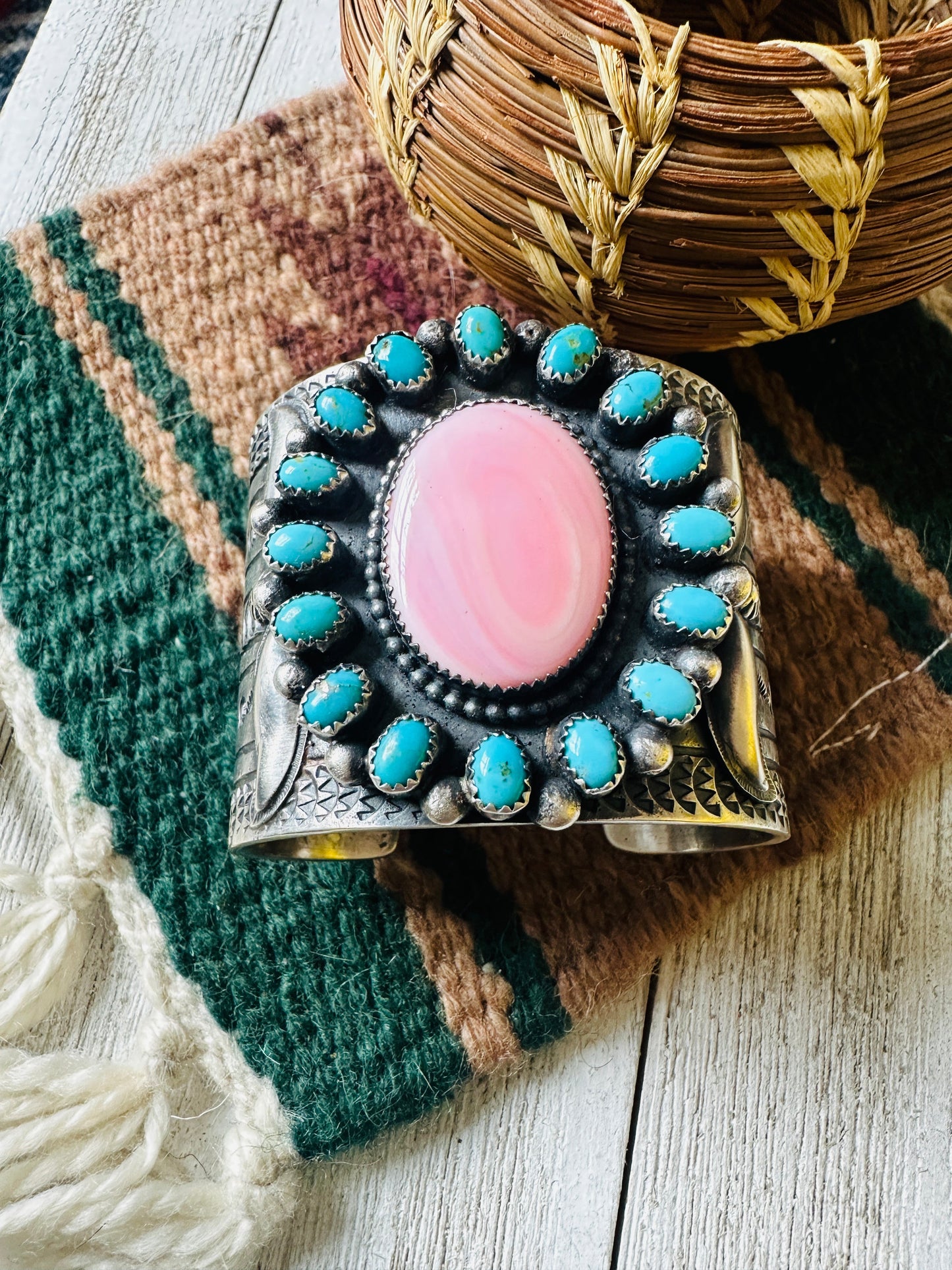 Sterling Silver, Turquoise & Queen Pink Conch Cuff Bracelet /