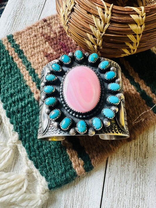 Sterling Silver, Turquoise & Queen Pink Conch Cuff Bracelet /