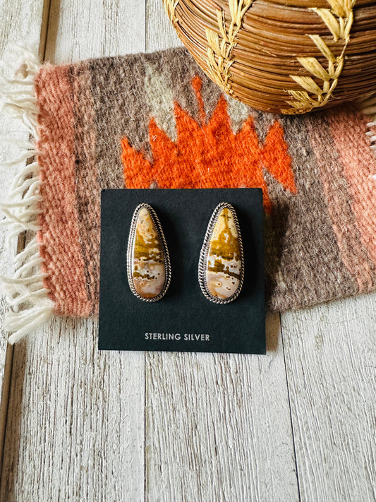 Handcrafted Jasper Sterling Silver Post Earrings Signed