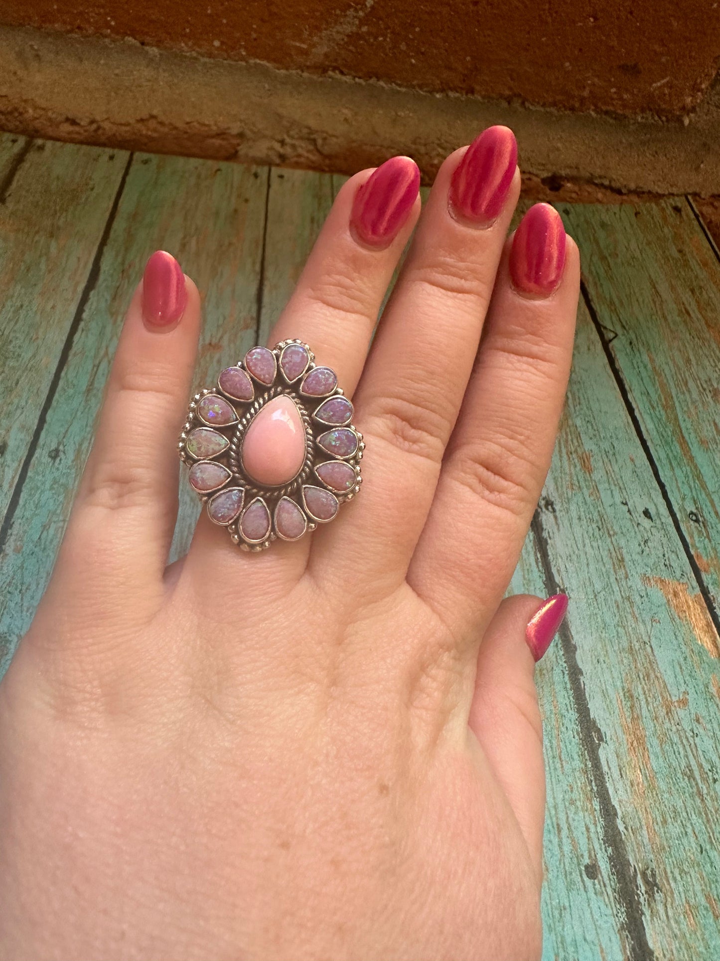 Handmade Adjustable Pink Conch, Purple Fire Opal & Sterling Silver Ring- Tear Drop