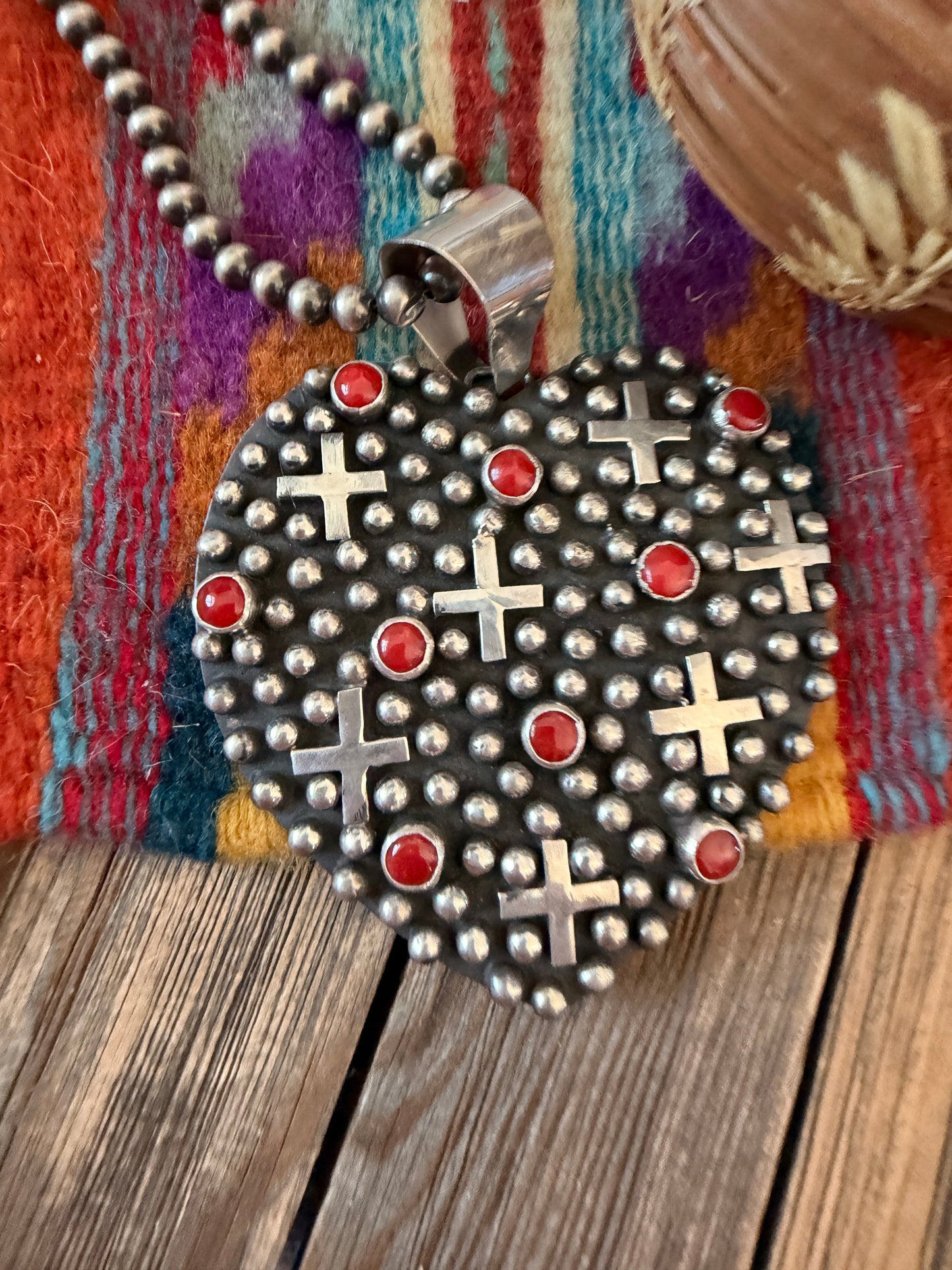 Handcrafted Coral & Sterling Silver Heart Cross Pendant by Geneva Apachito