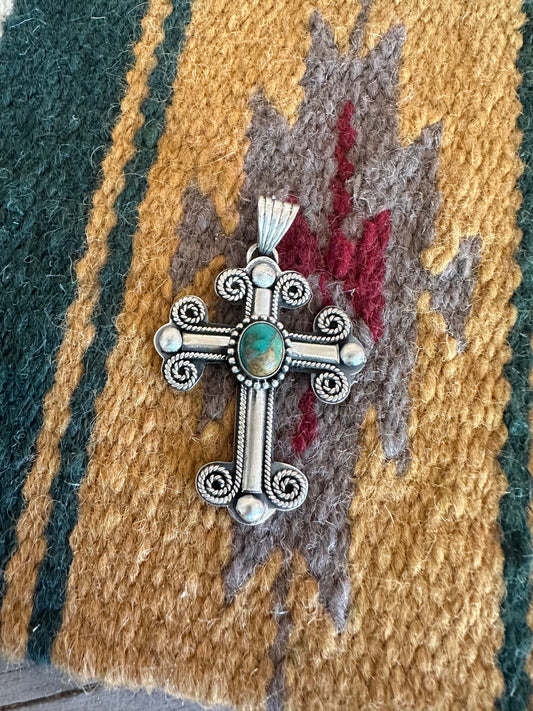 Handmade Turquoise & Sterling Silver Cross Pendant Signed Nizhoni