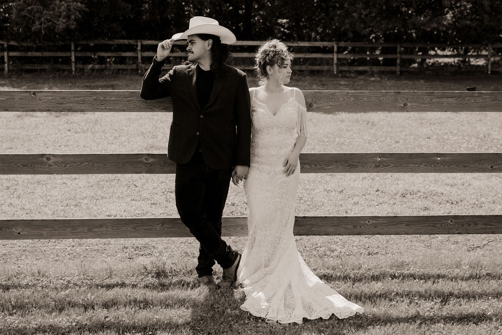 The Malorie Gown – Bold Boho Fit-and-Flare Wedding Dress with Fringe Back
