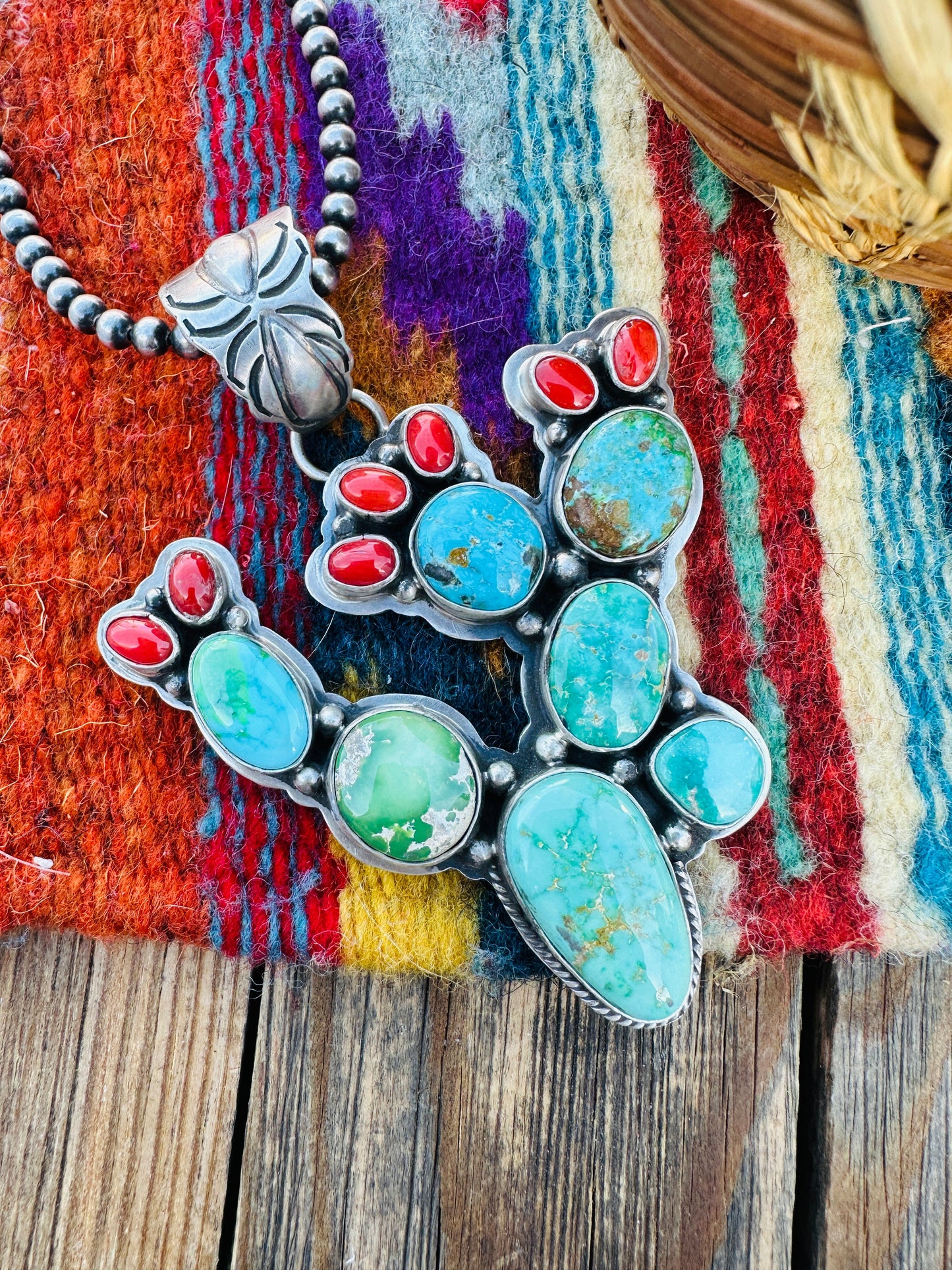 Handcrafted Sterling Silver, Turquoise & Coral Cactus Pendant by Charles Johnson
