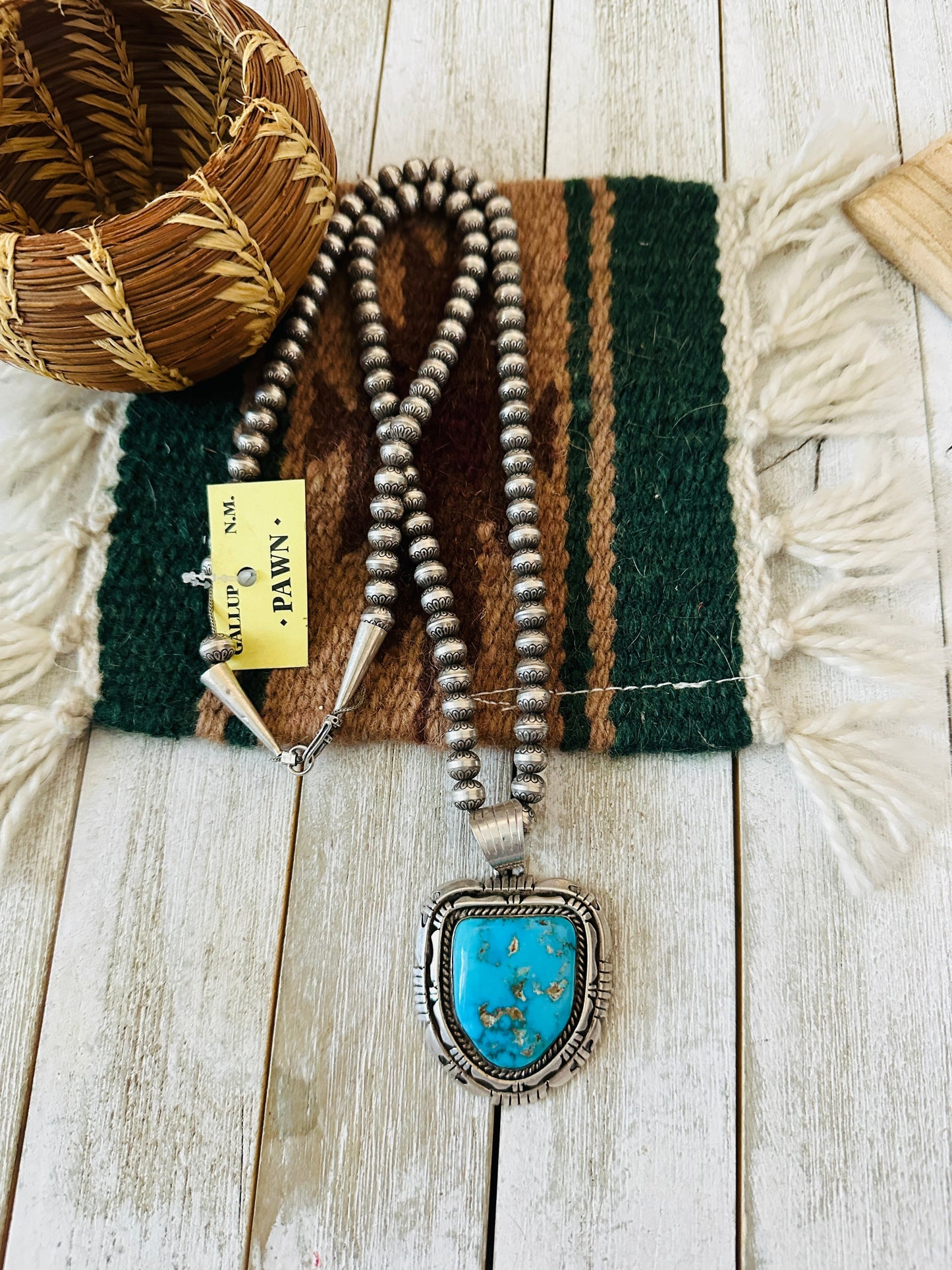 Vintage Old Pawn Sterling Silver Handcrafted Pearl & Turquoise Beaded Necklace