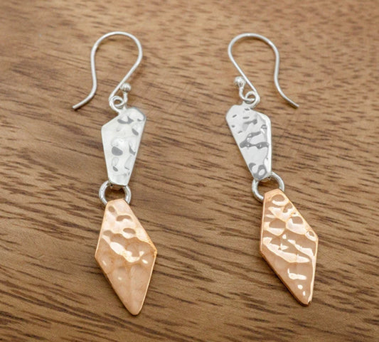 Hammered Copper & Silver Shapes Earrings on Hook