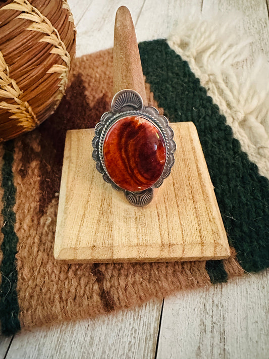 Handcrafted Orange Spiny & Sterling Silver Ring Size 8.5