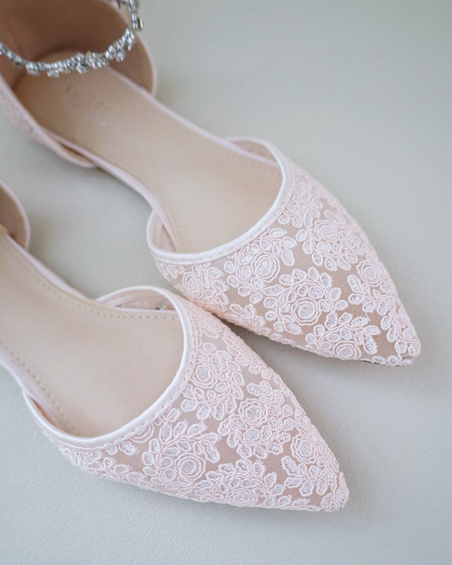 Evening Crochet Lace Pointy Toe Flats with Amaryllis Crystal Strap