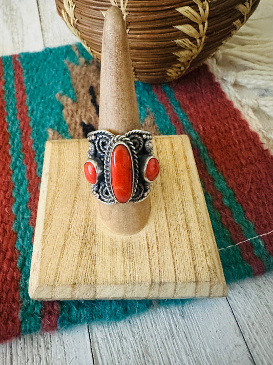 Handcrafted Sterling Silver and Coral Ring Size 8.25 by Hemerson Brown