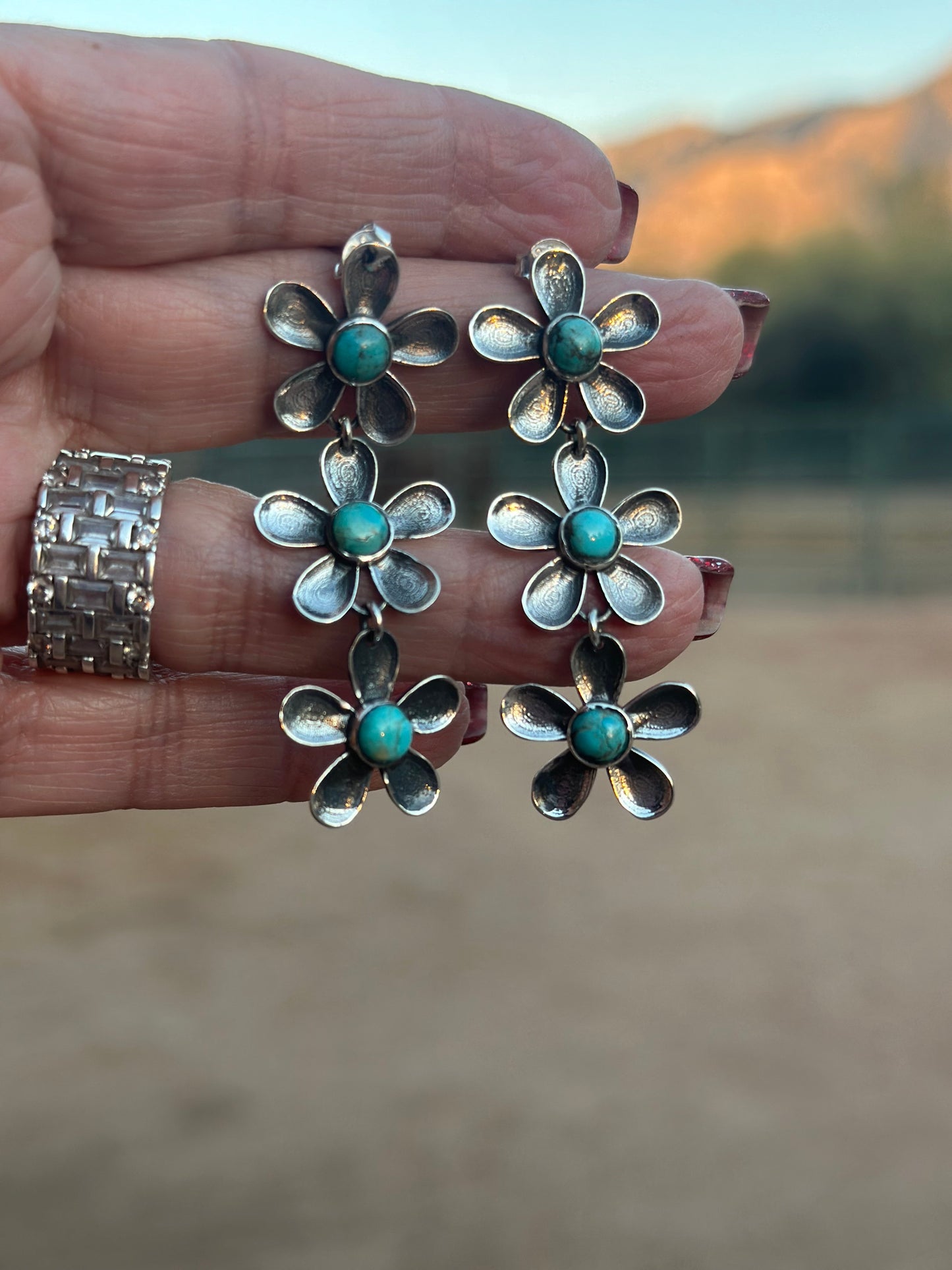 Handmade Sterling Silver and Kingman Turquoise Daisy Earrings