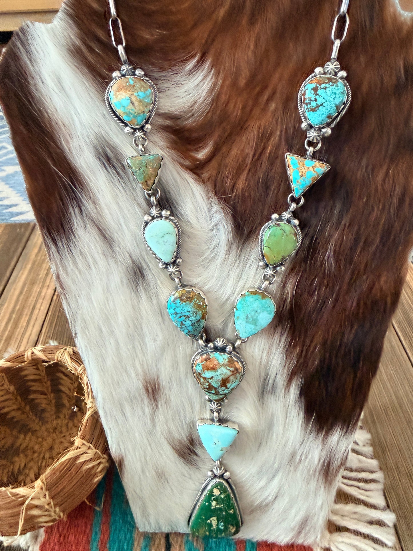 Handcrafted Multi Turquoise & Sterling Silver Lariat Necklace by Bobby Johnson