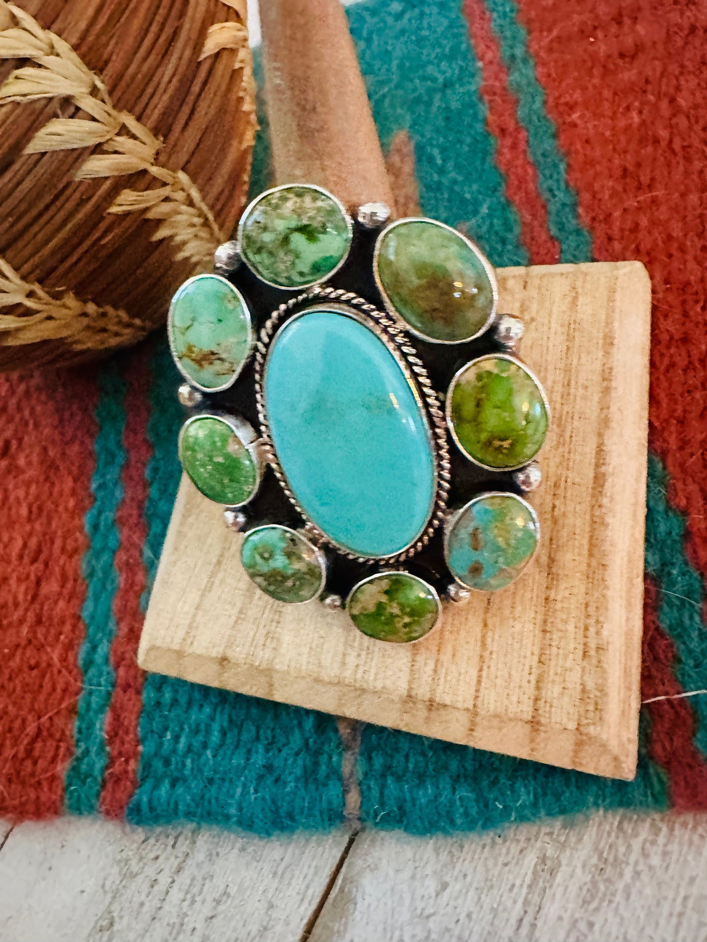 Handcrafted Sterling Silver & Multi Turquoise Cluster Adjustable Ring