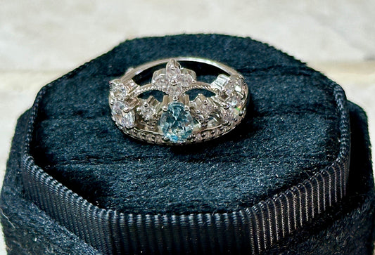 Aquamarine & CZ Oval Stone Crown Sterling Silver Ring Size 6
