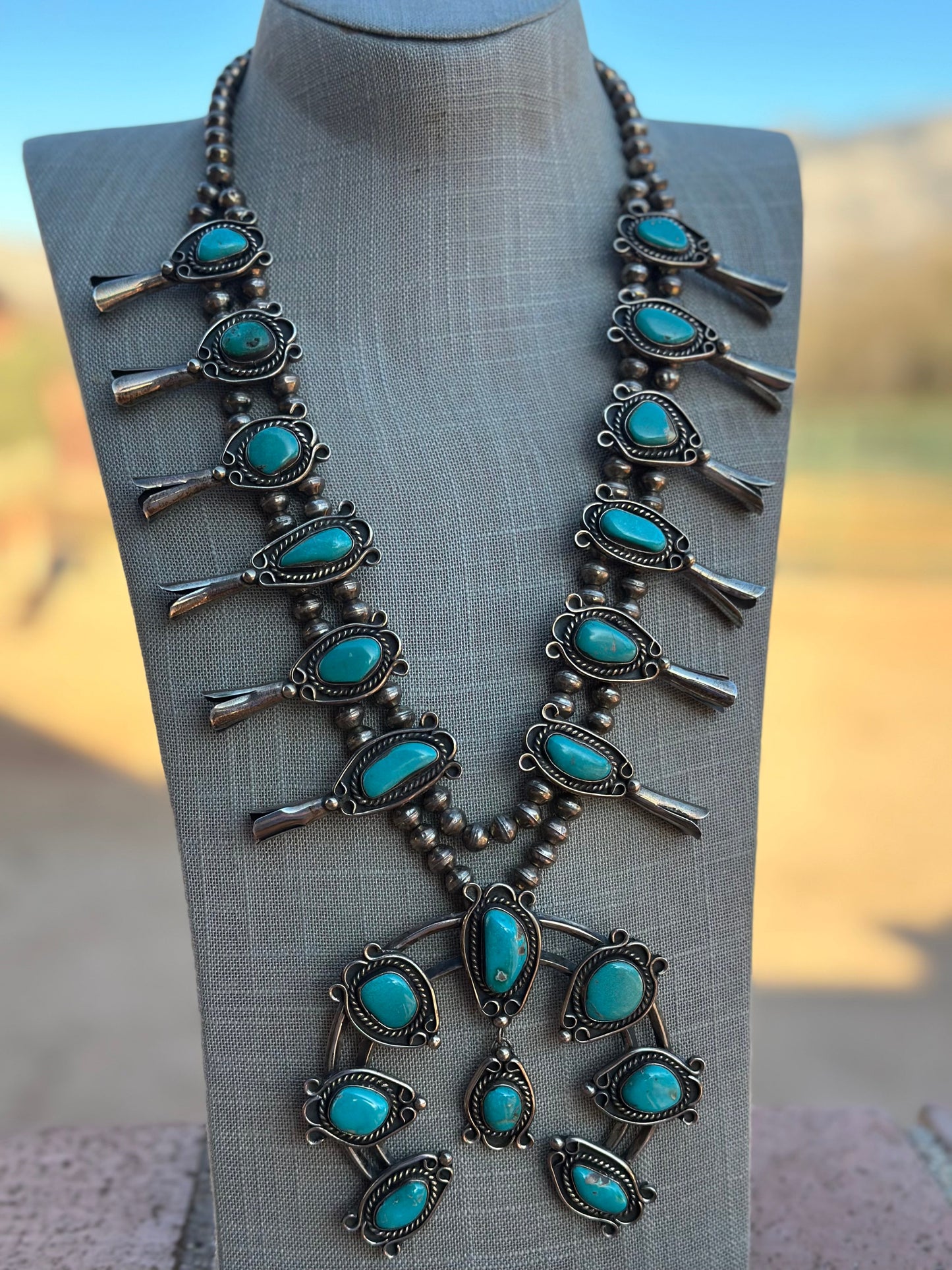 Estate Collection Old Pawn Turquoise & Sterling Silver Squash Blossom Necklace