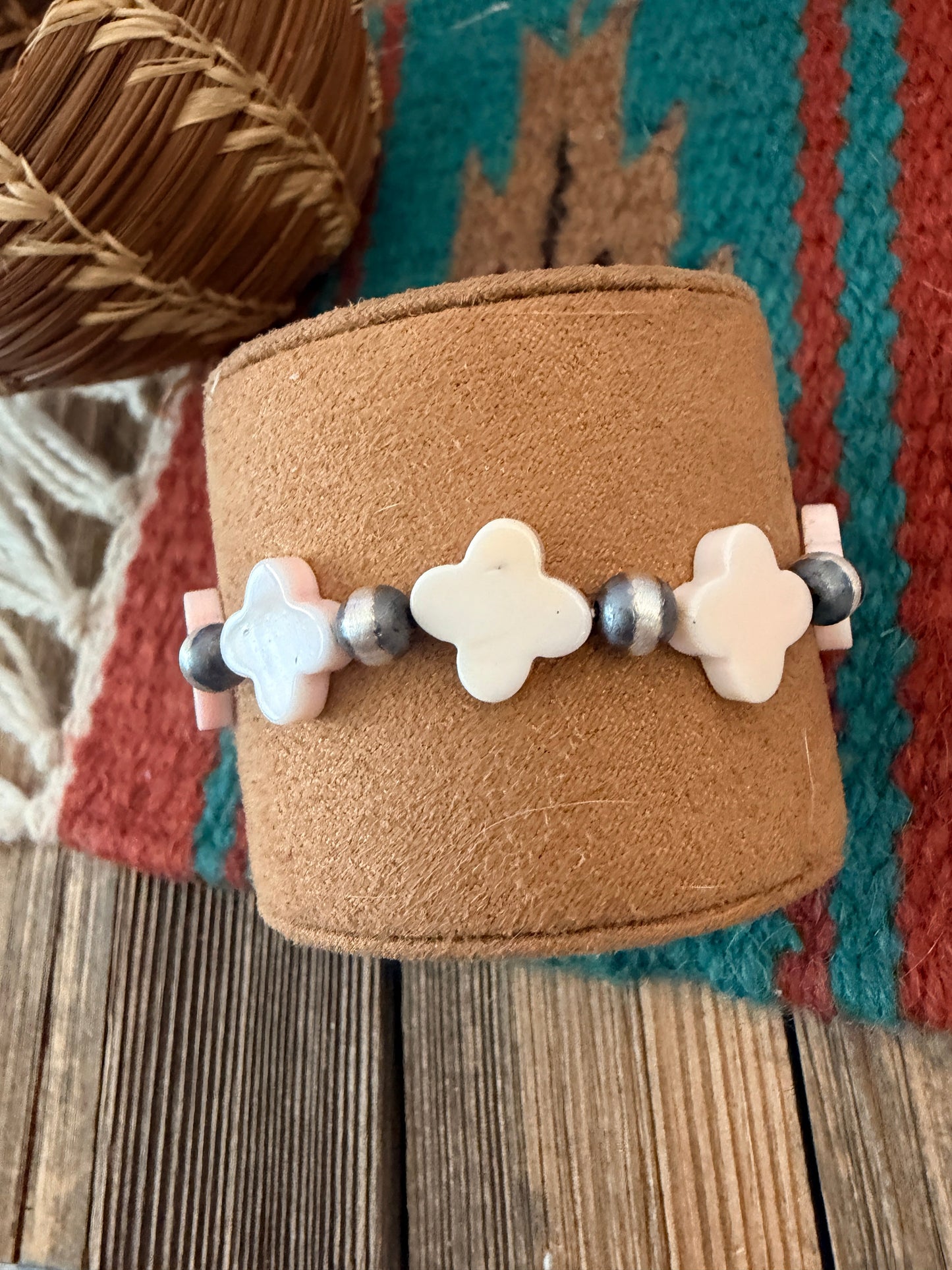 Handcrafted Queen Pink Conch & Sterling Silver Pearl Cross Beaded Stretch Bracelet