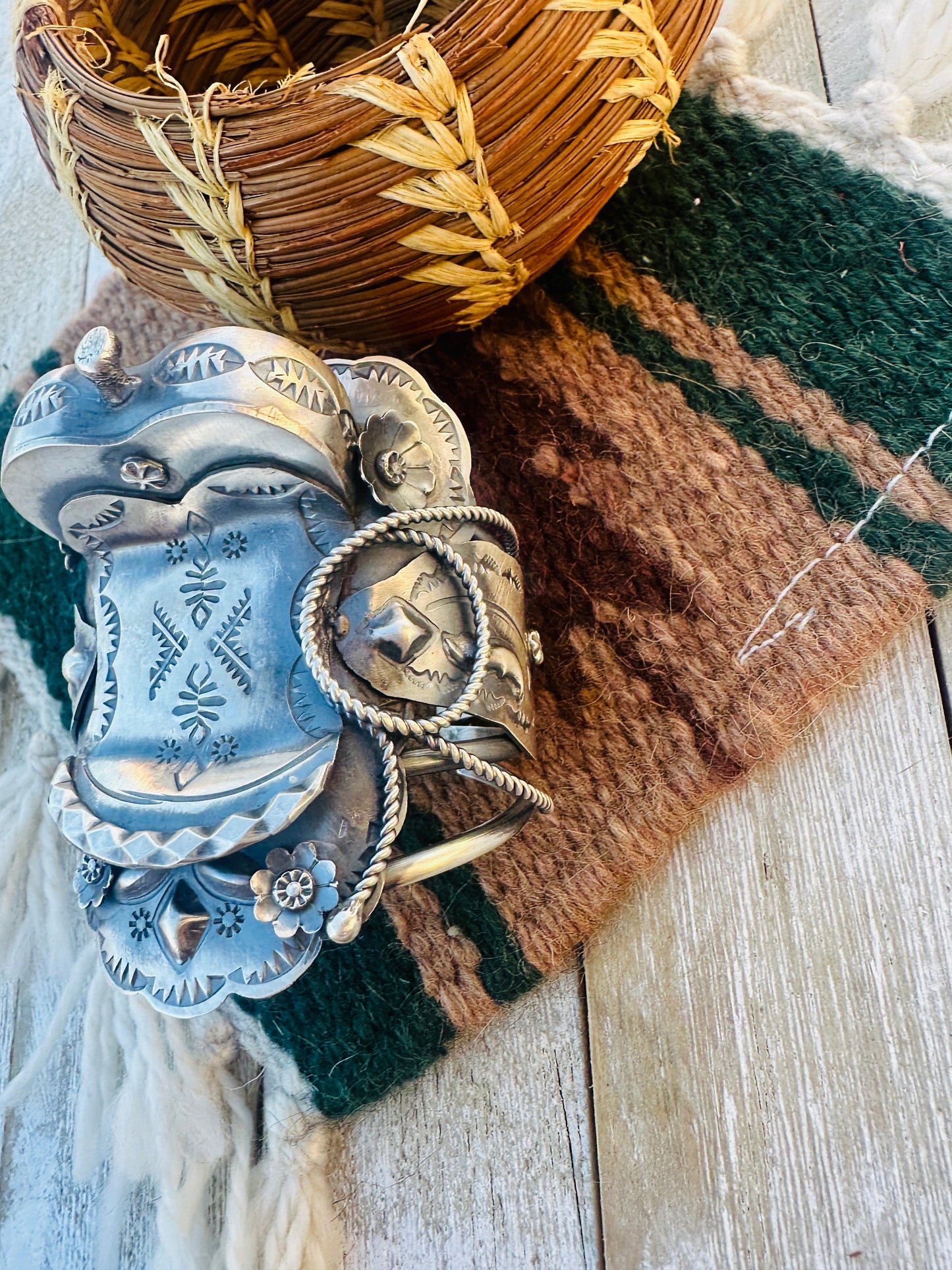 Handcrafted Sterling Silver Saddle Cuff Bracelet by Tim Yazzie