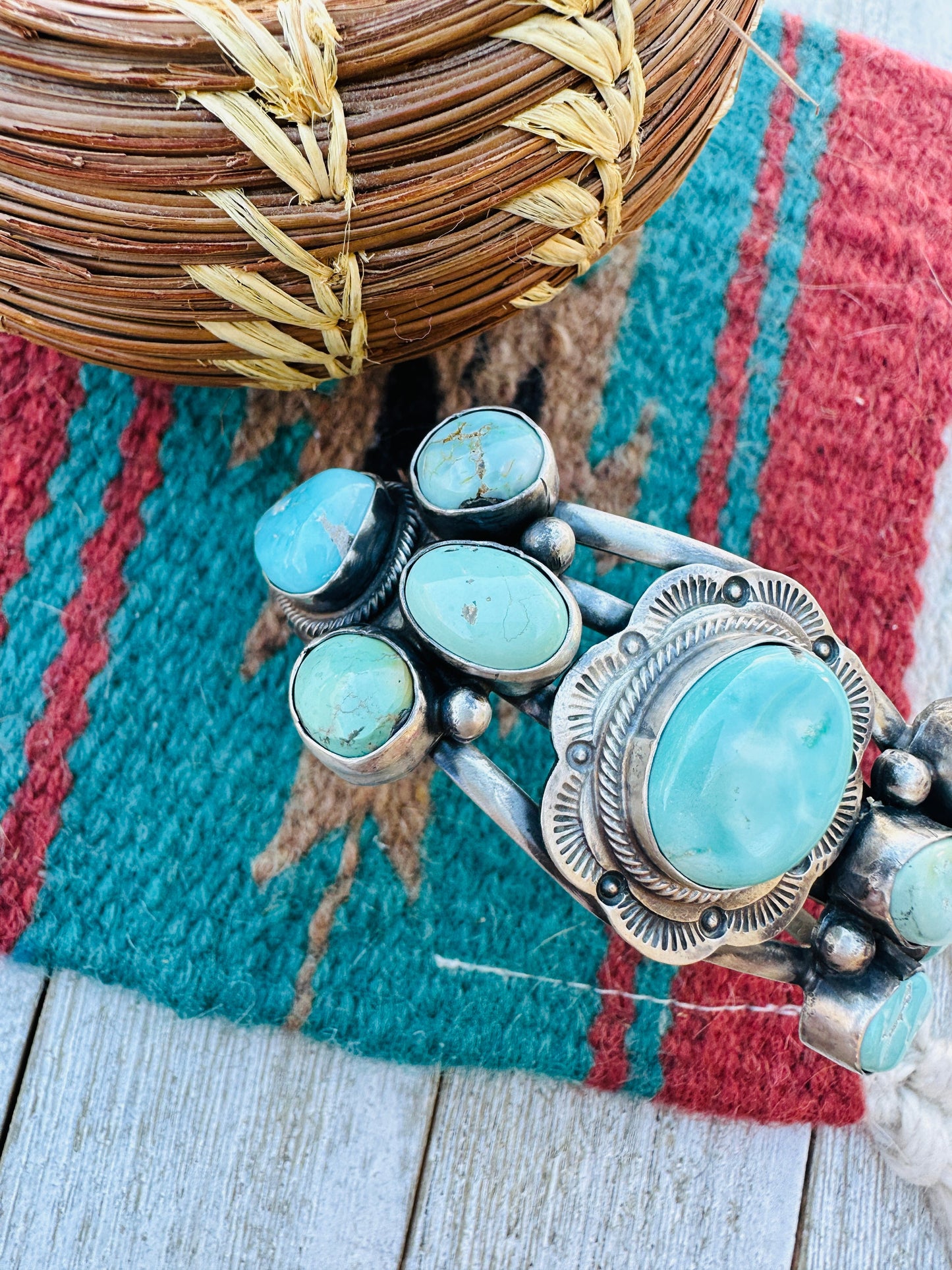 Handcrafted Sterling Silver & Carico Lake Turquoise Cluster Cuff Bracelet by Bobby Johnson