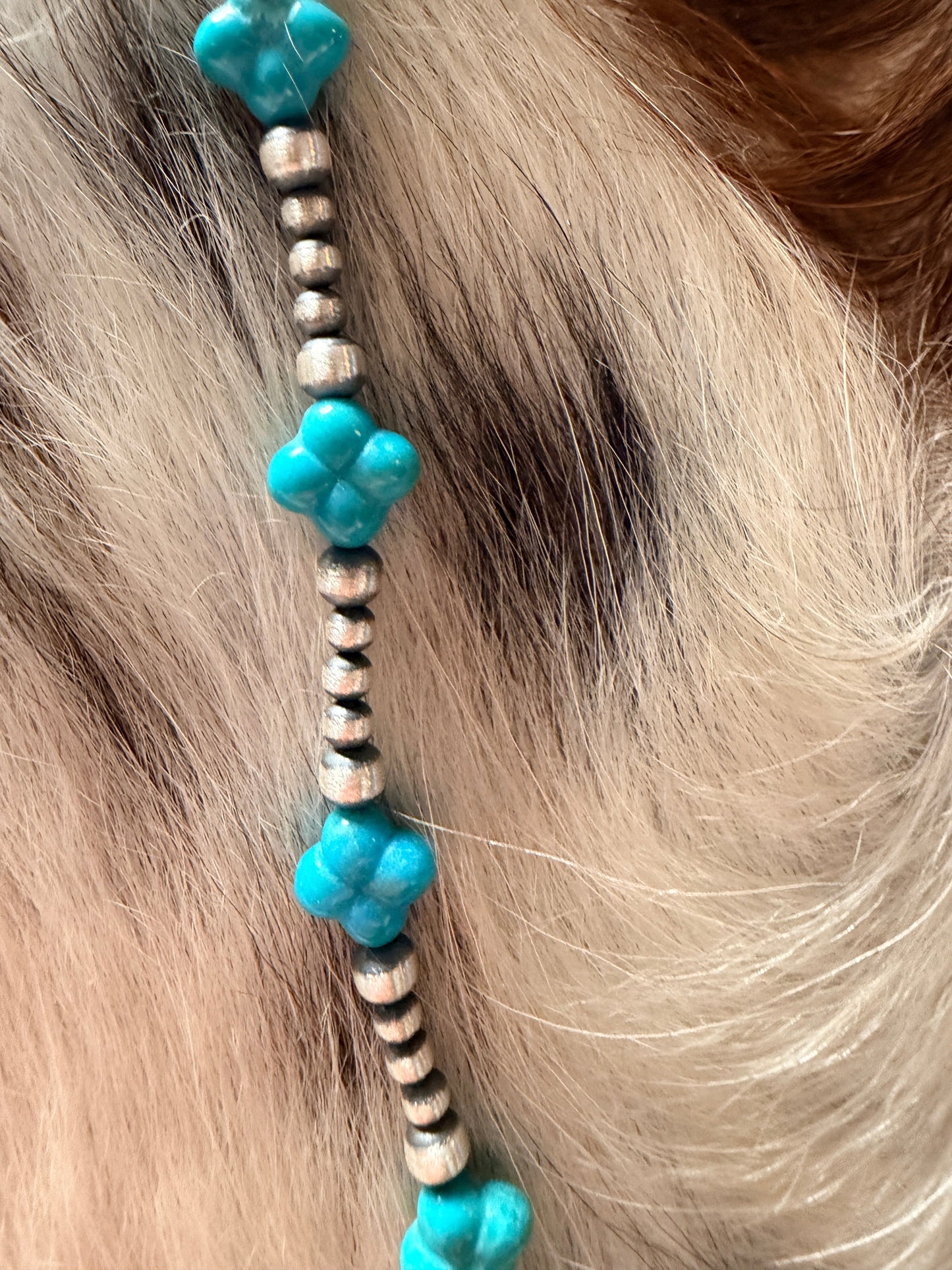Handcrafted Quatrefoil Shaped Turquoise & Sterling Silver Pearl 20" Beaded Necklace