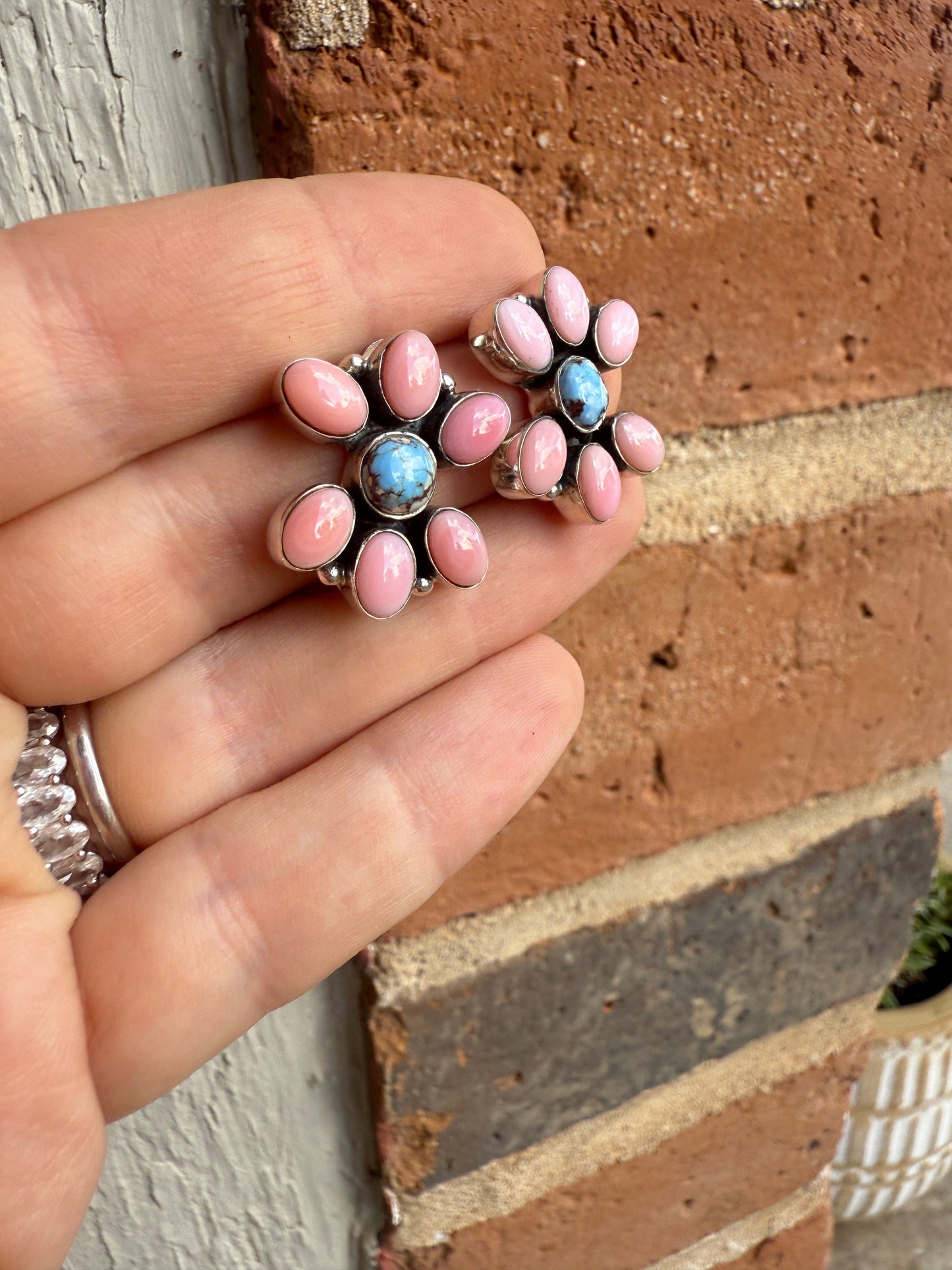 Handmade Natural Golden Hills Turquoise, Pink Conch and Sterling Silver Earring style 2