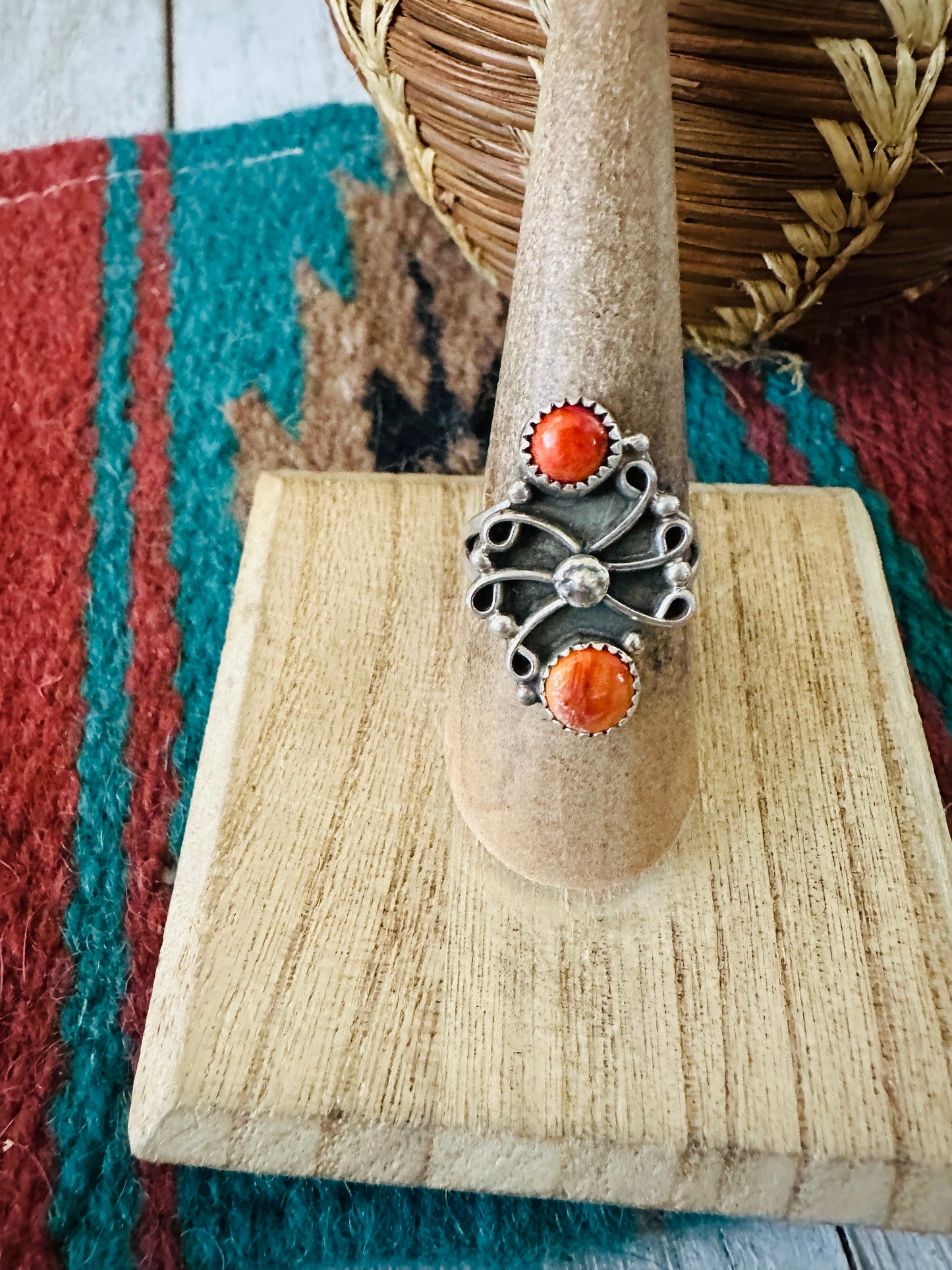 Handcrafted Sterling Silver & Red Spiny Two Stone Ring Size 7