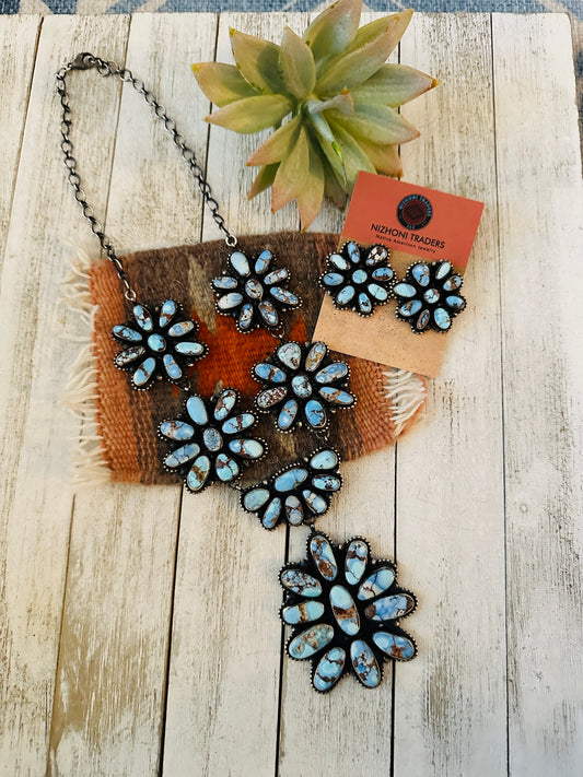 Handcrafted Golden Hills Turquoise & Sterling Silver Cluster Necklace Set