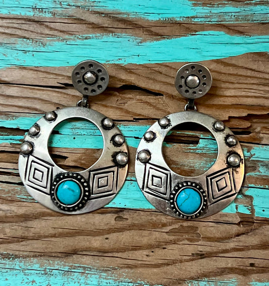 Circle-Shaped, Silver-Plated Engraved Earrings with Blue Accent