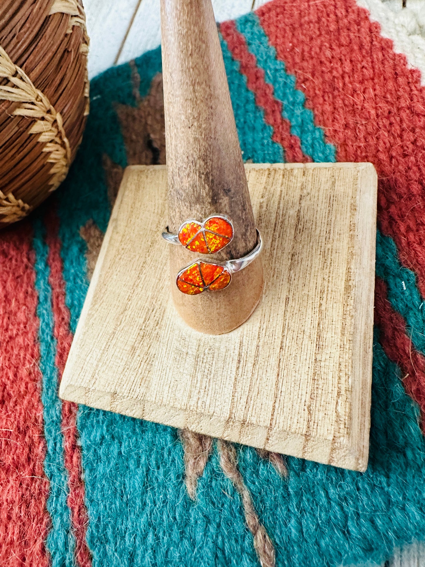 Handcrafted Sterling Silver & Orange Opal Heart Adjustable Ring