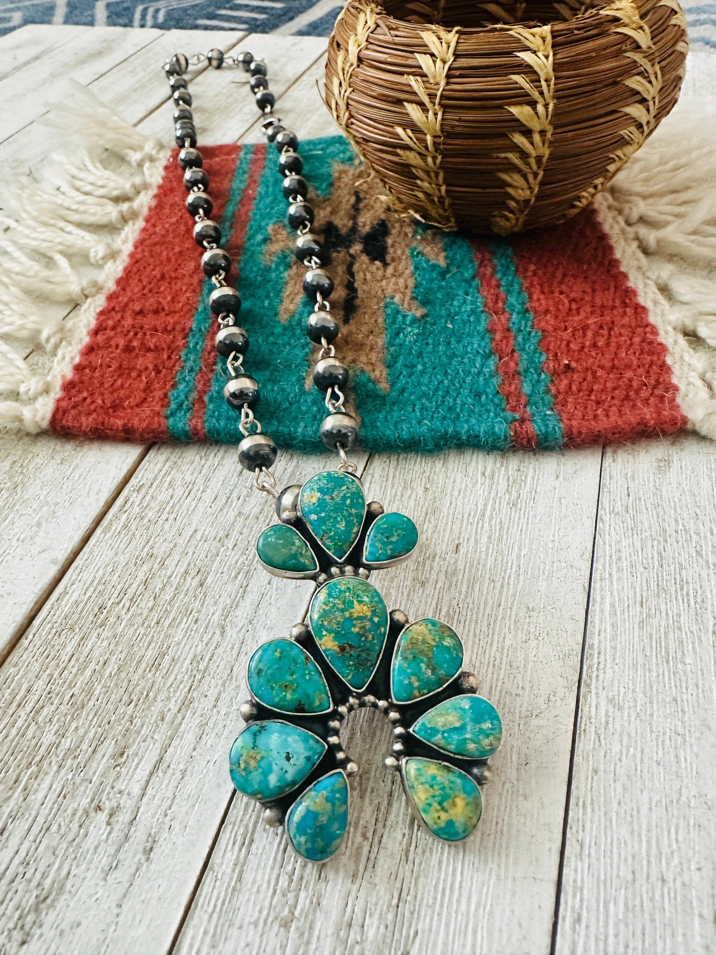 Handcrafted Sterling Silver & Sonoran Gold Turquoise Beaded Naja Necklace Signed