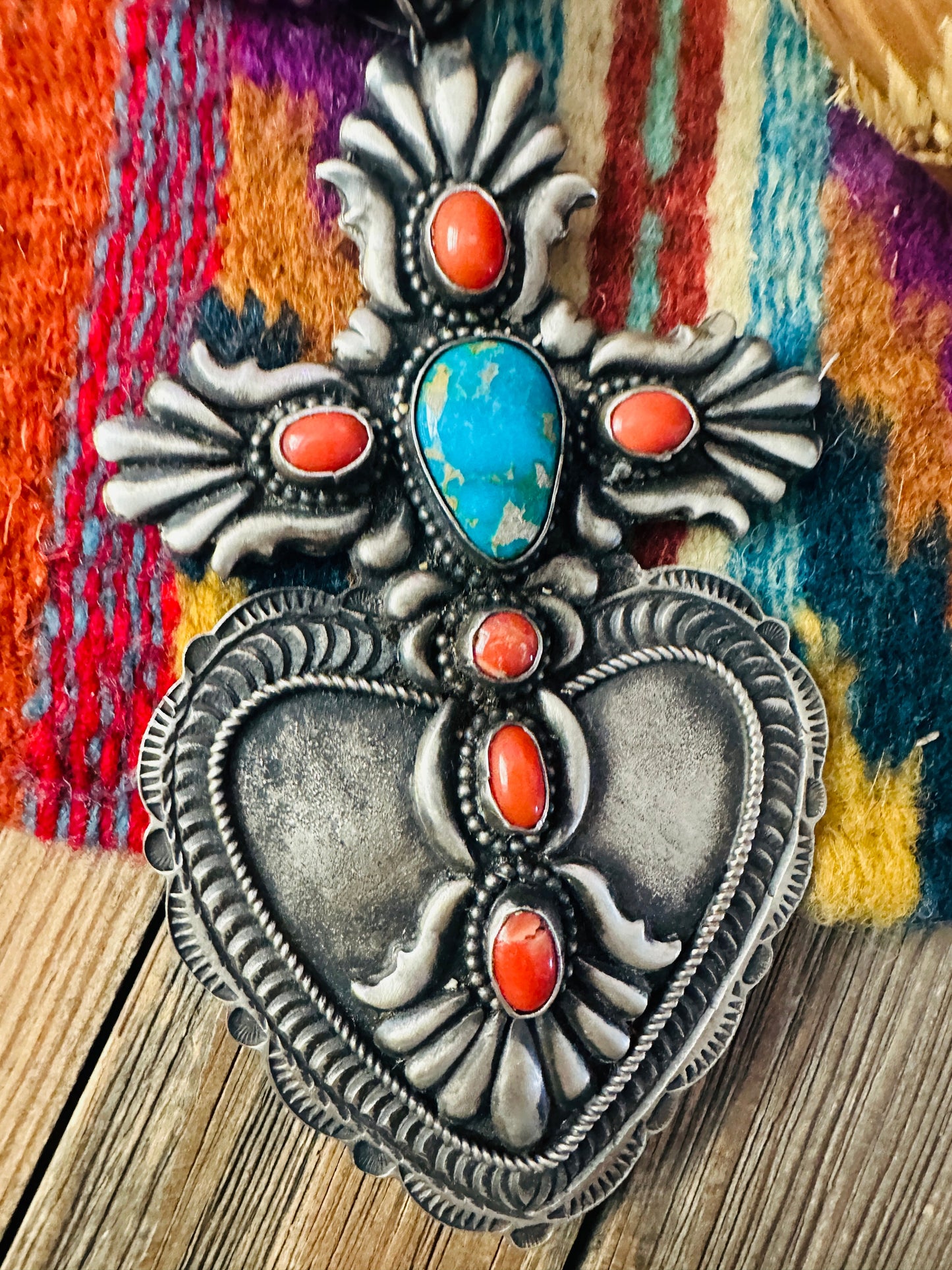 Handcrafted Sterling Silver, Turquoise & Coral Heart Cross Pendant by Shawn Cayatineto