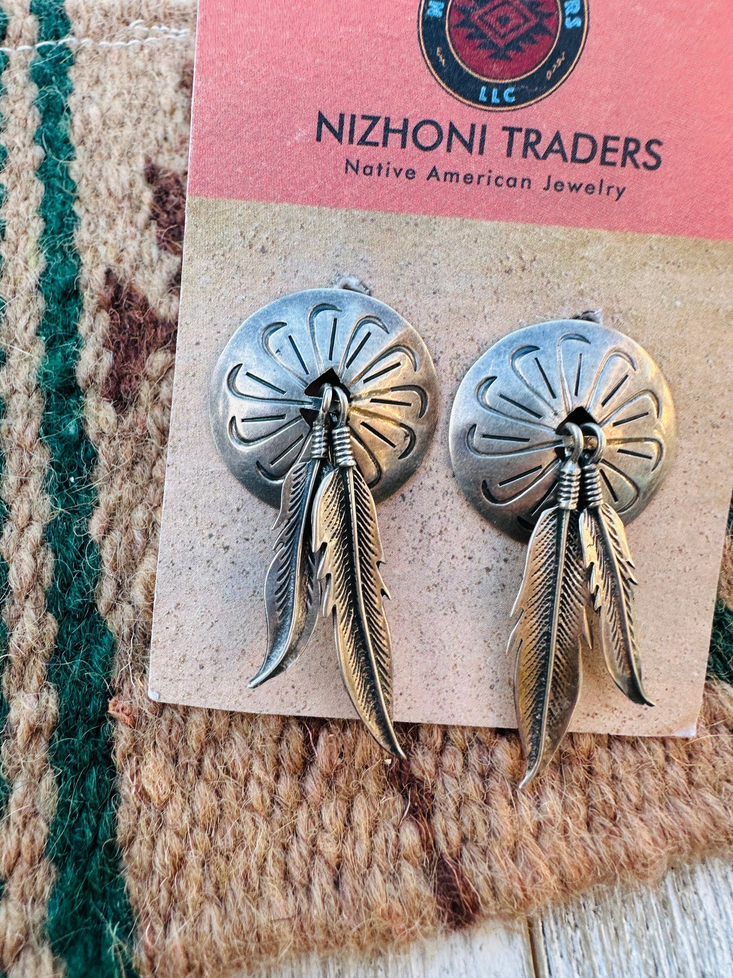 Handcrafted Old Pawn Sterling Silver Feather Concho Dangle Earrings