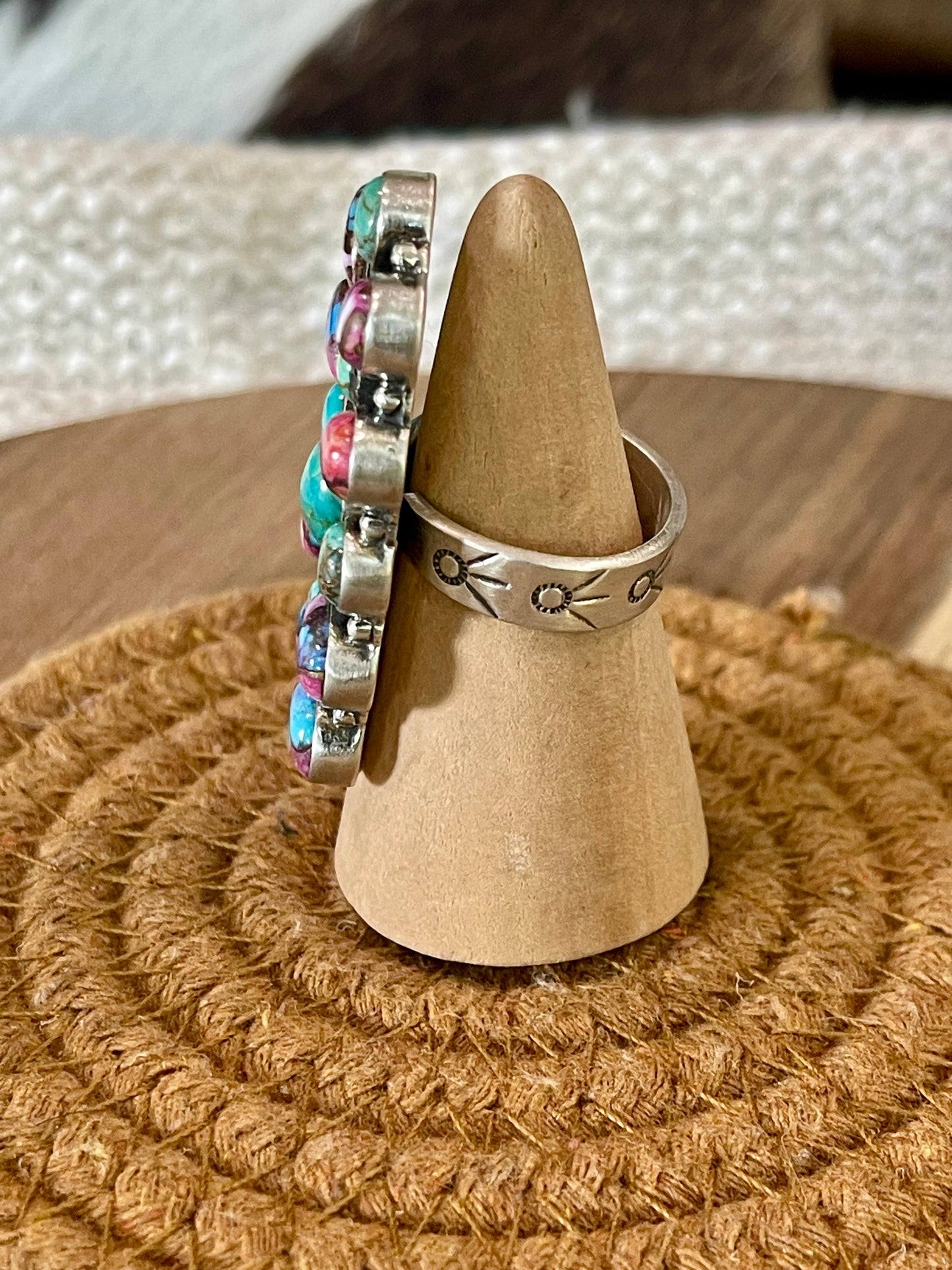 Handcrafted Sterling Silver & Multi Stone Adjustable Cluster Ring