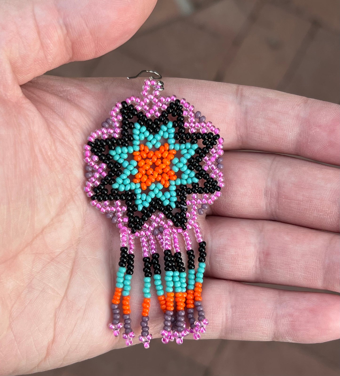Handmade MultiColor Beaded Dangle Earrings (Purple, Turquoise, Orange)