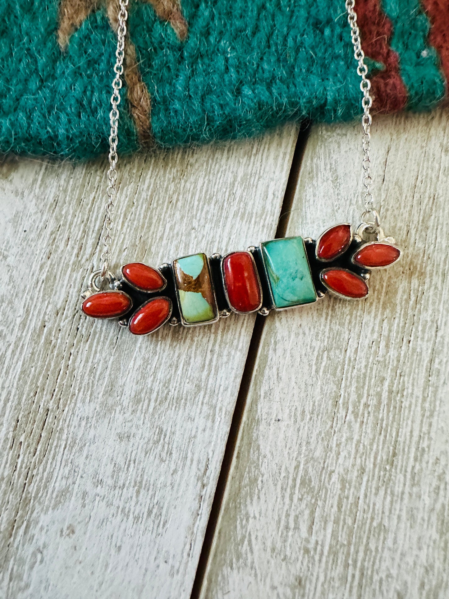 ** Christmas Collection ** Handmade Sterling Silver, Turquoise & Coral Necklace Signed Nizhoni