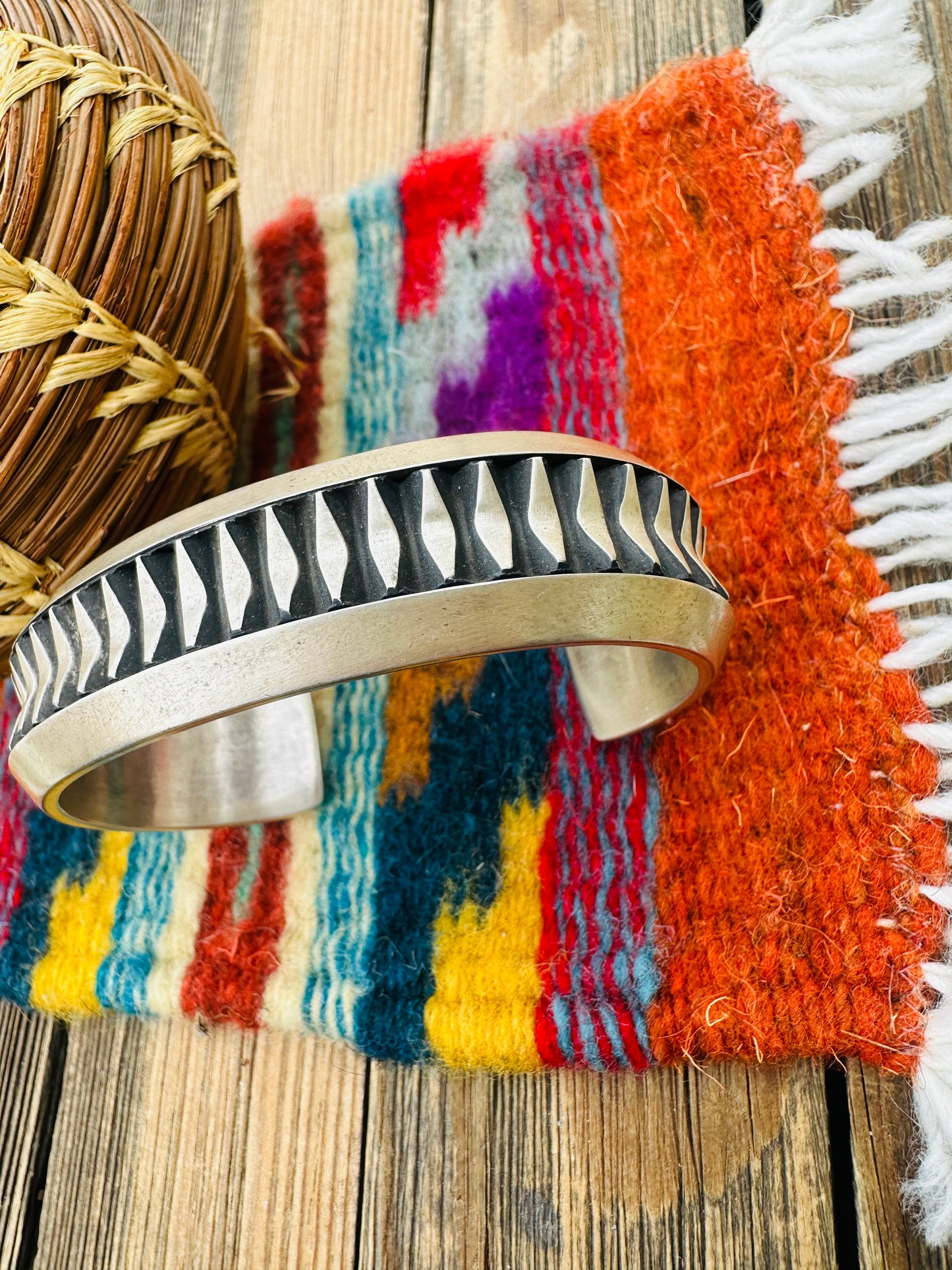 Hand Stamped Sterling Silver Cuff Bracelet by Leander Tahe