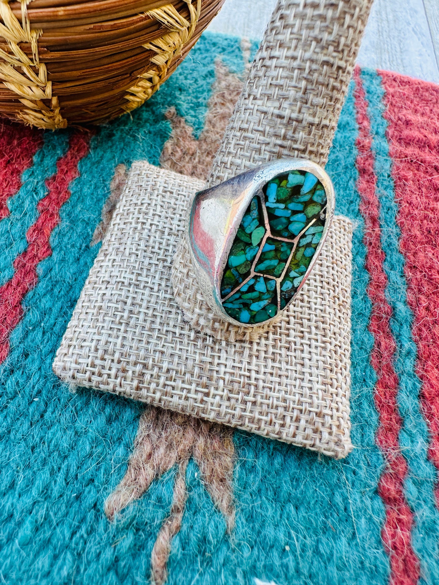 Old Pawn Handcrafted Kingman Turquoise & Sterling Silver Cigar Band Ring Size 11.75