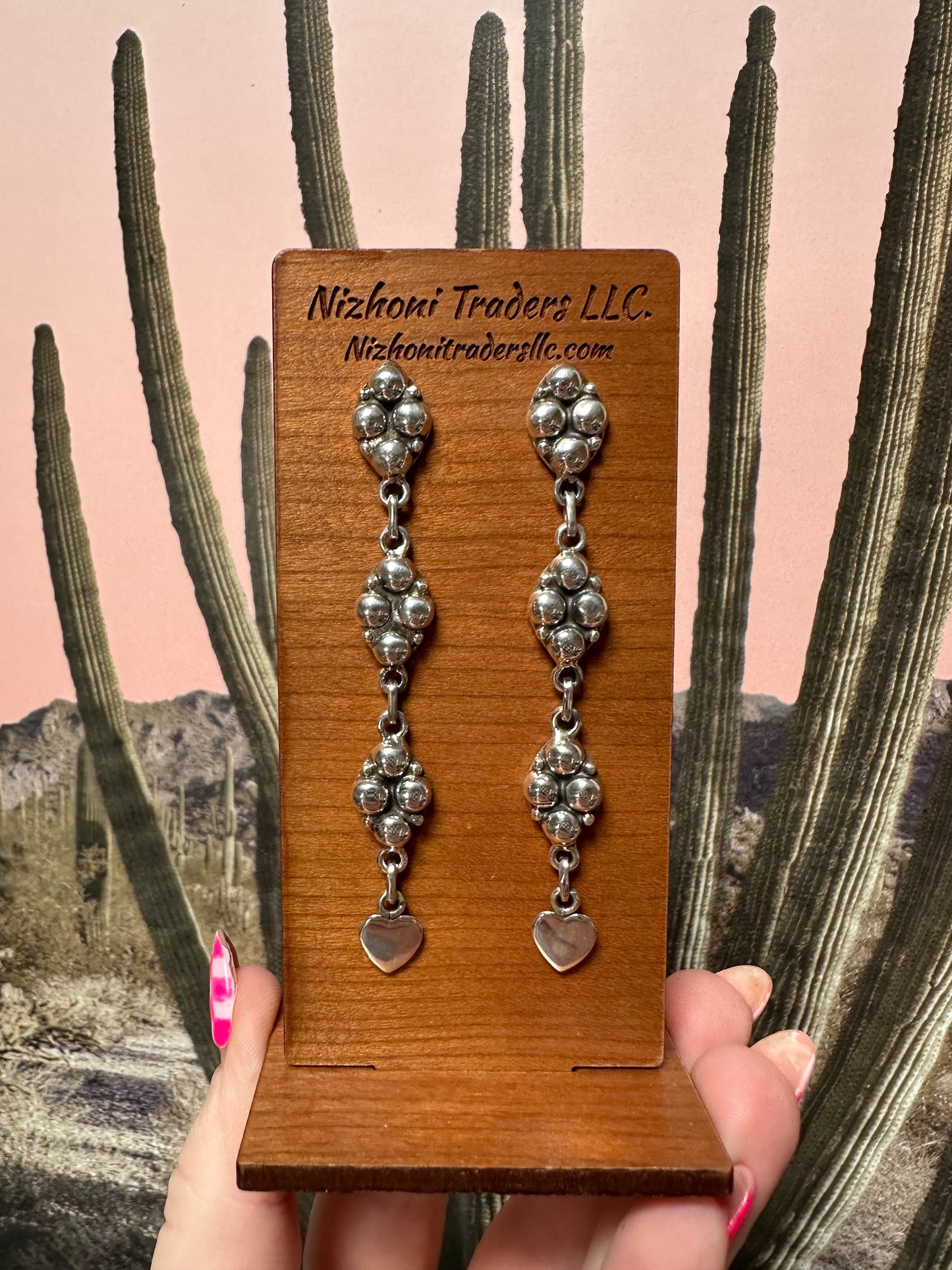 Handmade Sterling Silver Ball Dangle Heart Earrings Signed Nizhoni