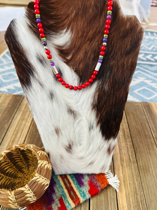 Handcrafted Multi Stone & Sterling Silver Beaded 16” Necklace by T & R Singer