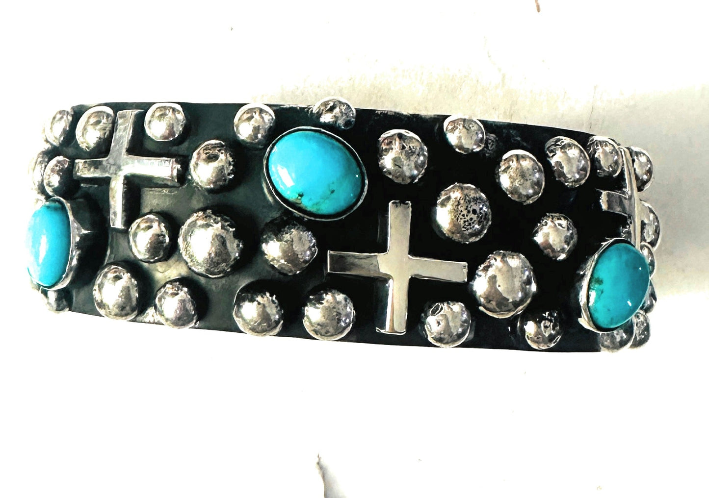 Navajo Turquoise & Sterling Silver Cross Cuff Bracelet By Chimney Butte