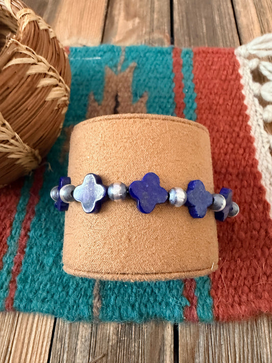 Handcrafted Lapis & Sterling Silver Pearl Cross Beaded Stretch Bracelet