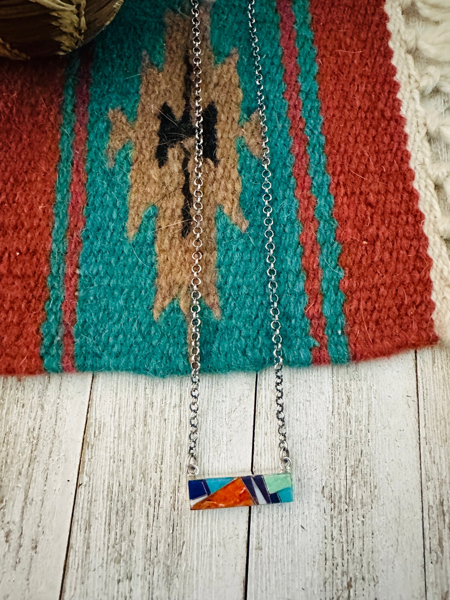 Handcrafted Multi Stone & Sterling Silver Inlay Bar Necklace