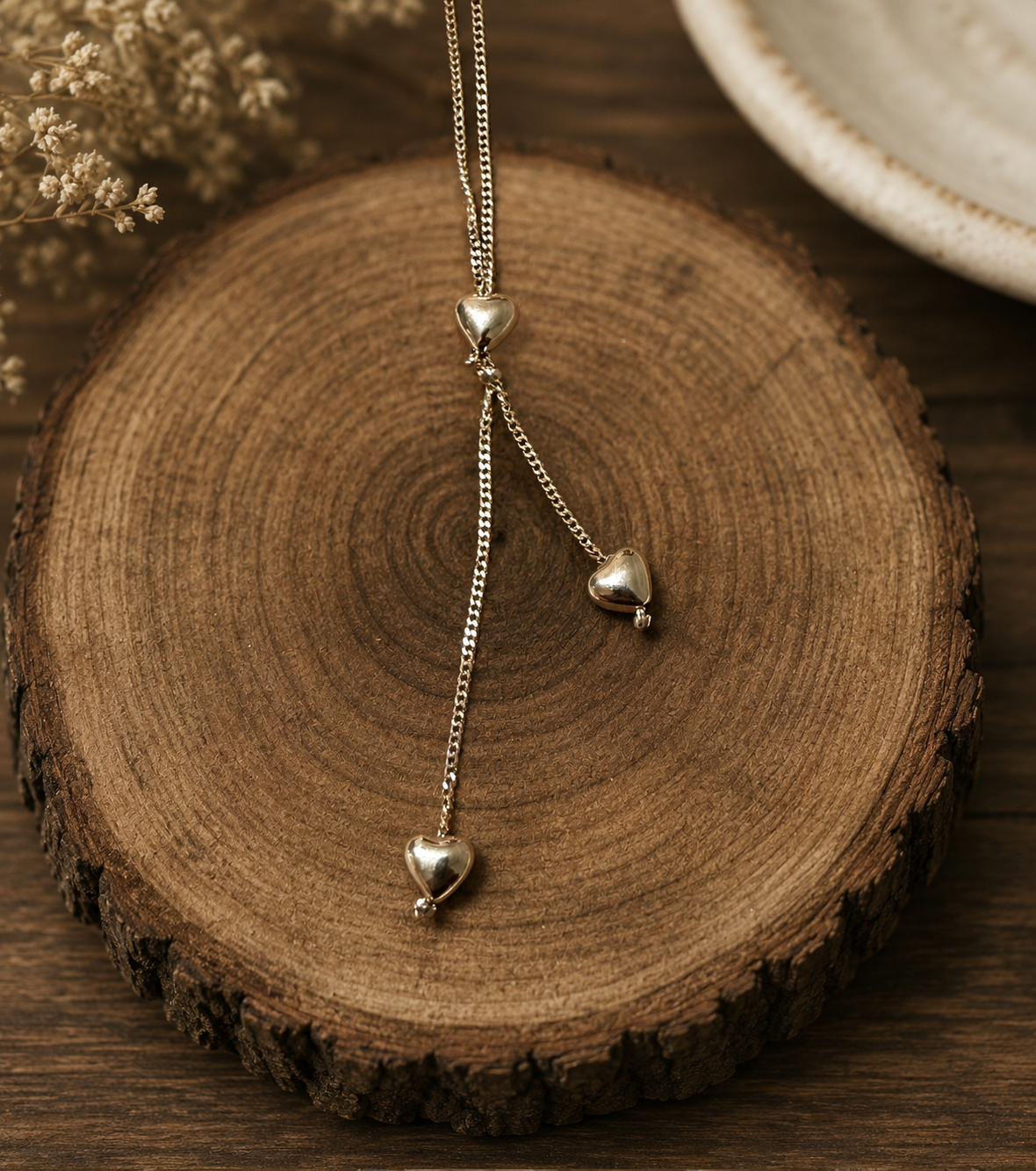 Puffed Hearts Lariat Sterling Silver Necklace