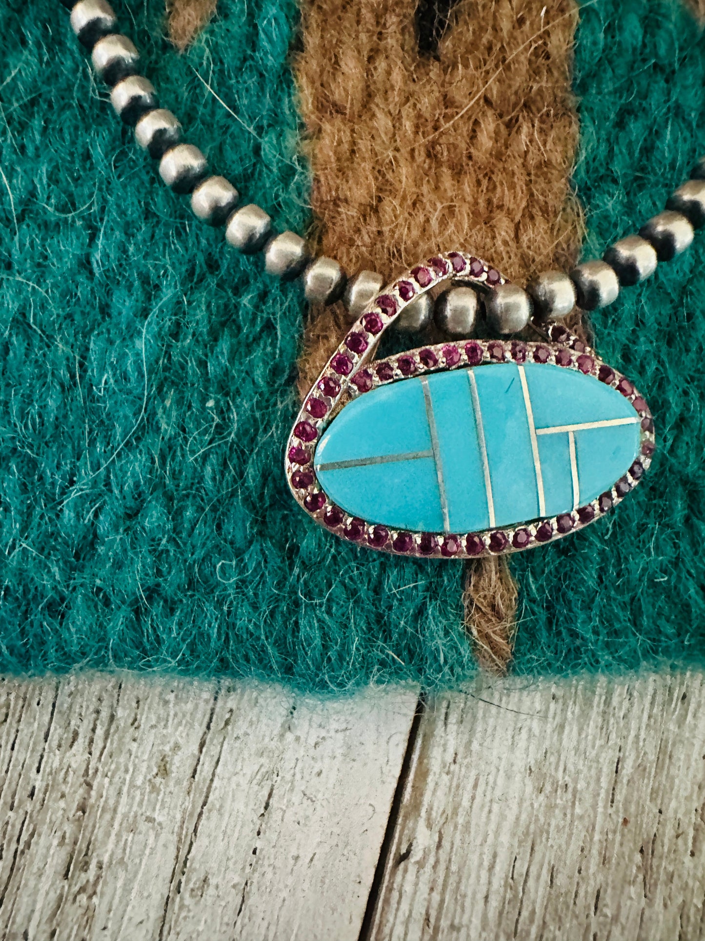 Handcrafted Turquoise, Garnet & Sterling Silver Inlay Pendant
