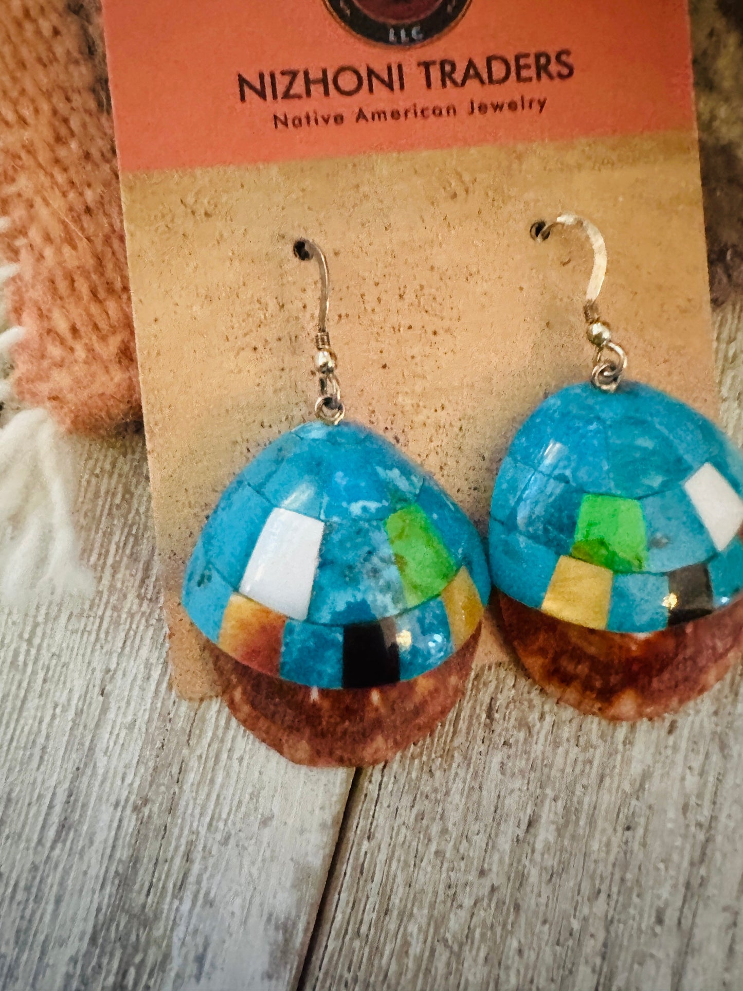 Handcrafted Multi Stone Inlay Shell Dangle Earrings