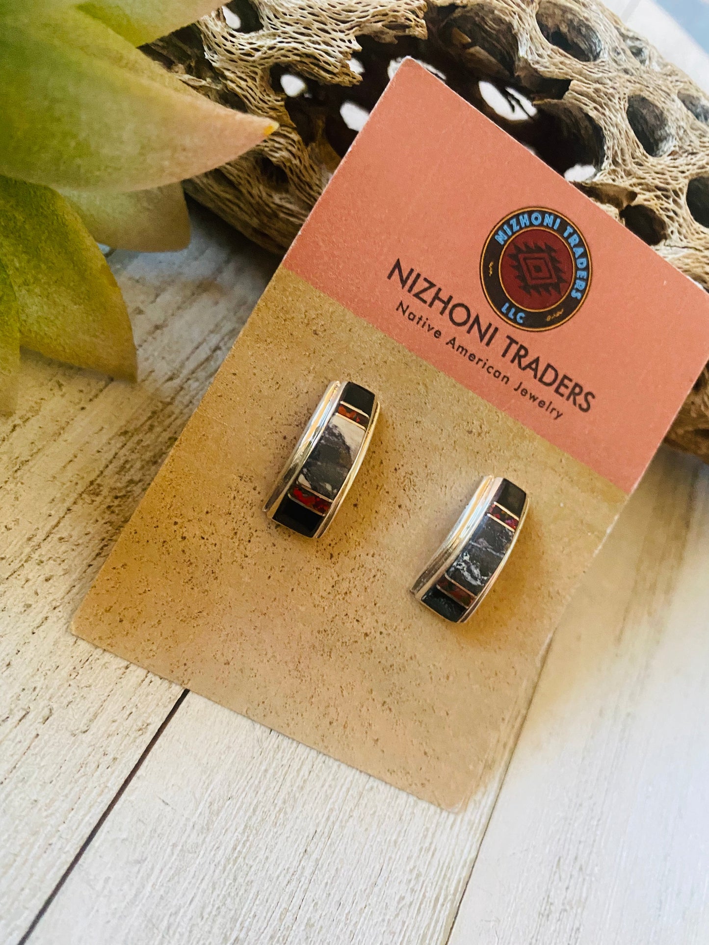 Handcrafted Multi Stone & Sterling Silver Inlay Dangle Earrings Signed