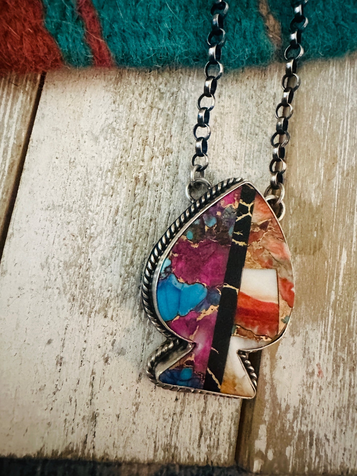 Handcrafted Sterling Silver & Multi Stone Inlay Spade Necklace