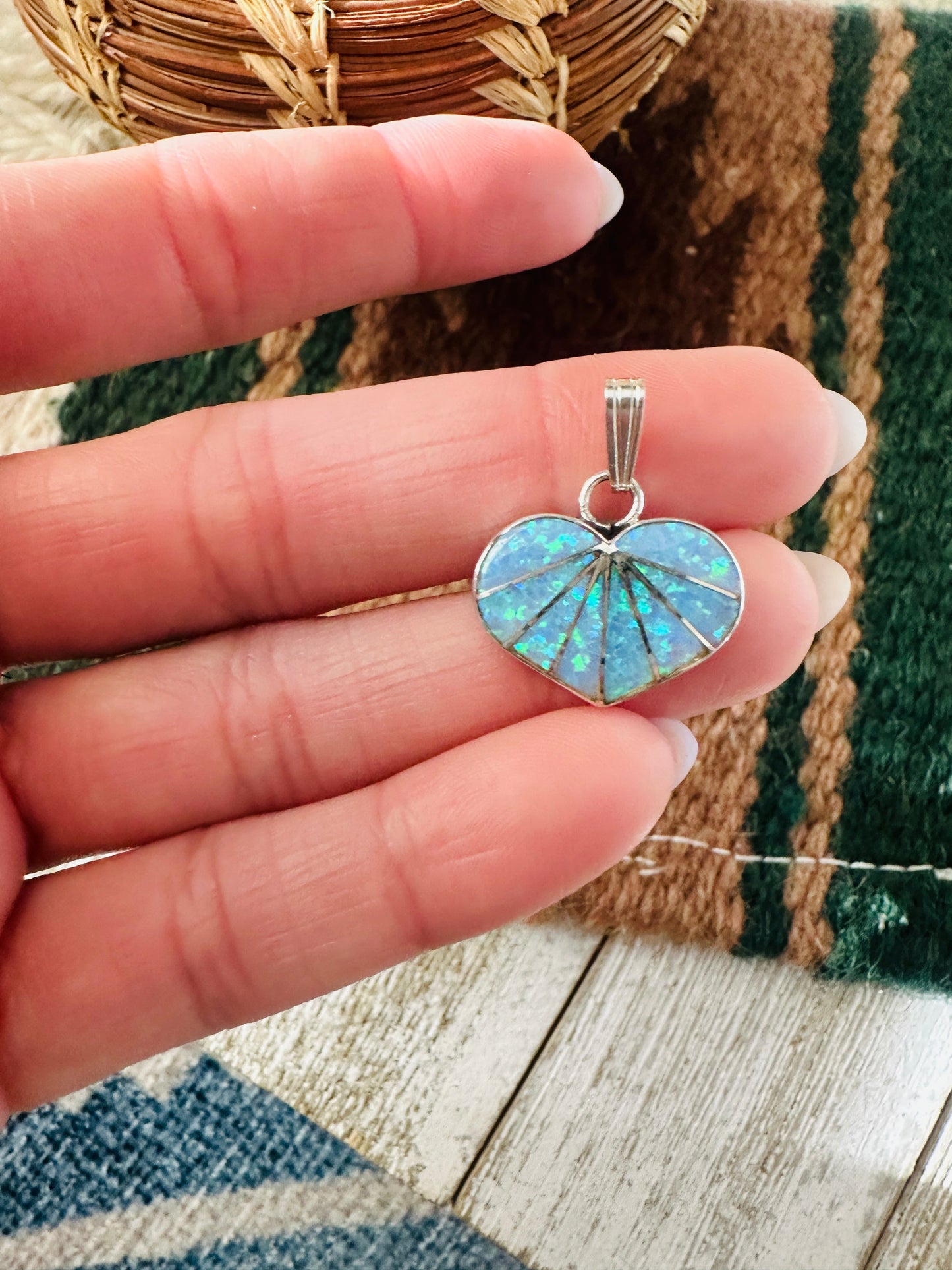 Handcrafted Blue Opal & Sterling Silver Inlay Heart Pendant